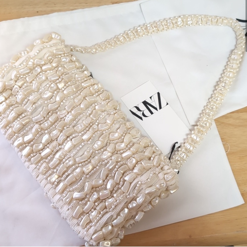 Zara pearl shoulder bag shell summer handbag purse beach beaded 6281/410 ecru